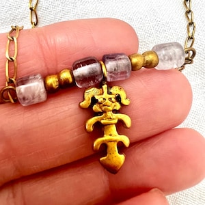 Vintage  Mexican Aztec Gold Plated  Pendant Necklace with natural amethyst beads  1970s