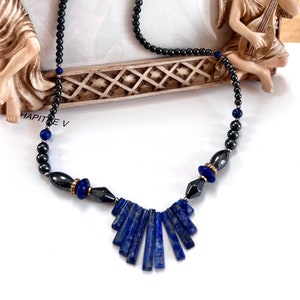 Vintage Lapis Lazuli Spike Necklace: Black Hematite Gemstone, Art Deco Jewelry
