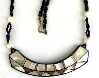 Vintage Lee Sands Necklace | Geometric Shell Inlay Bead Bib Necklace | 1980s | Collectible