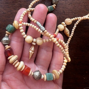Vintage bone crystal long necklace Tribal Ethic handmade  boho 70s