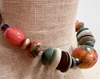 Chunky Vintage Handmade Wood Beads Necklace: Colorful French Artisan Jewelry (Adjustable)