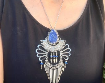 Vintage Lapis Lazuli Pendant Necklace: Peruvian Alpaca Silver Boho Jewelry