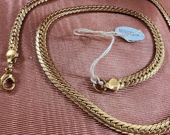 Collar de cadena de tono dorado vintage bisutería francesa cadena chapada en oro nunca usado de la década de 1980 Francia MOVITEX