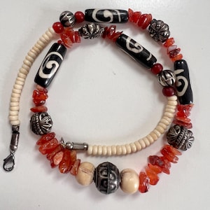 Vintage Tribal-Knochenkette: Achat- & Silberperlen, Boho-Schmuck aus den 70er Jahren