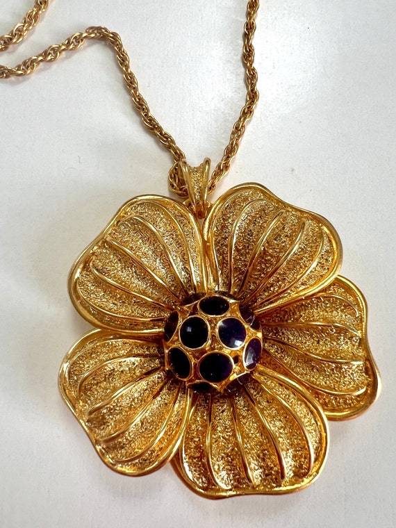 Vintage Orena Paris Big Gold Enamel Necklace  flo… - image 2