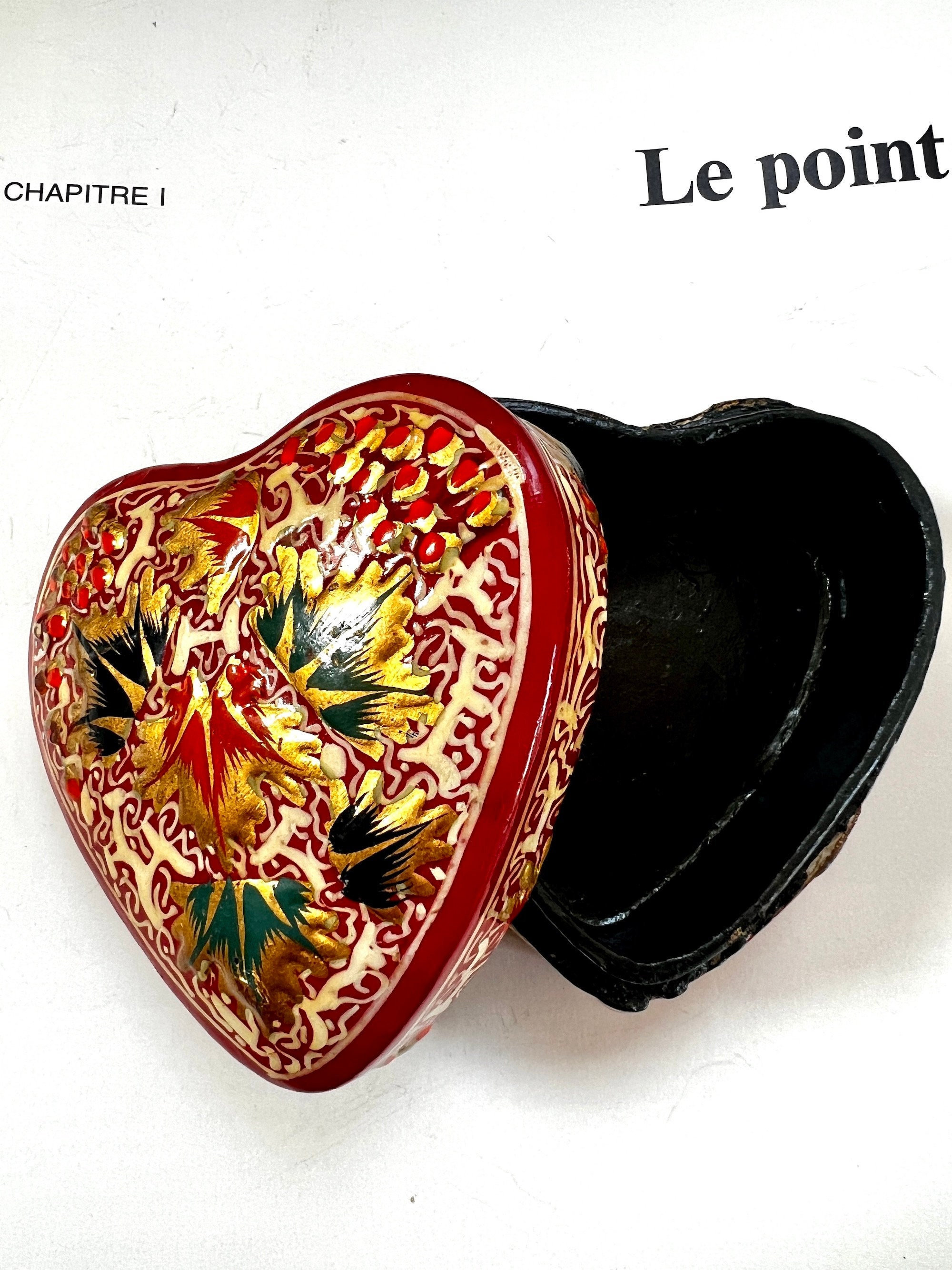 ヴィンテージ カシミール ペーパーマシェ ハート型小物入れ：手描きの