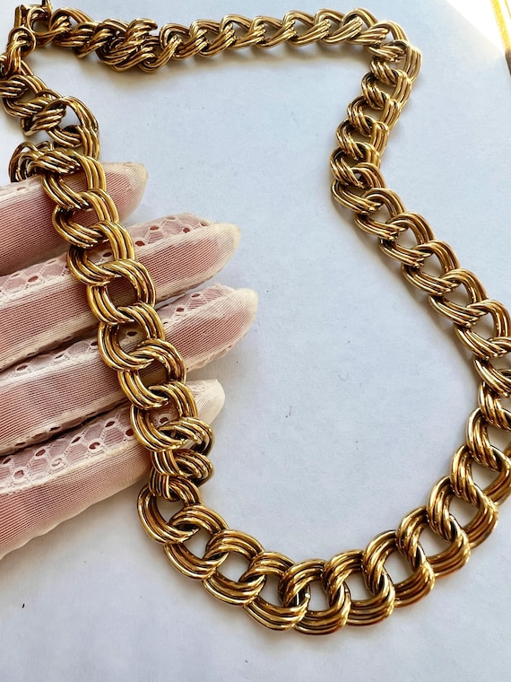 Vintage Signed NAPIER Chunky Textured Triple Link Gold Chain