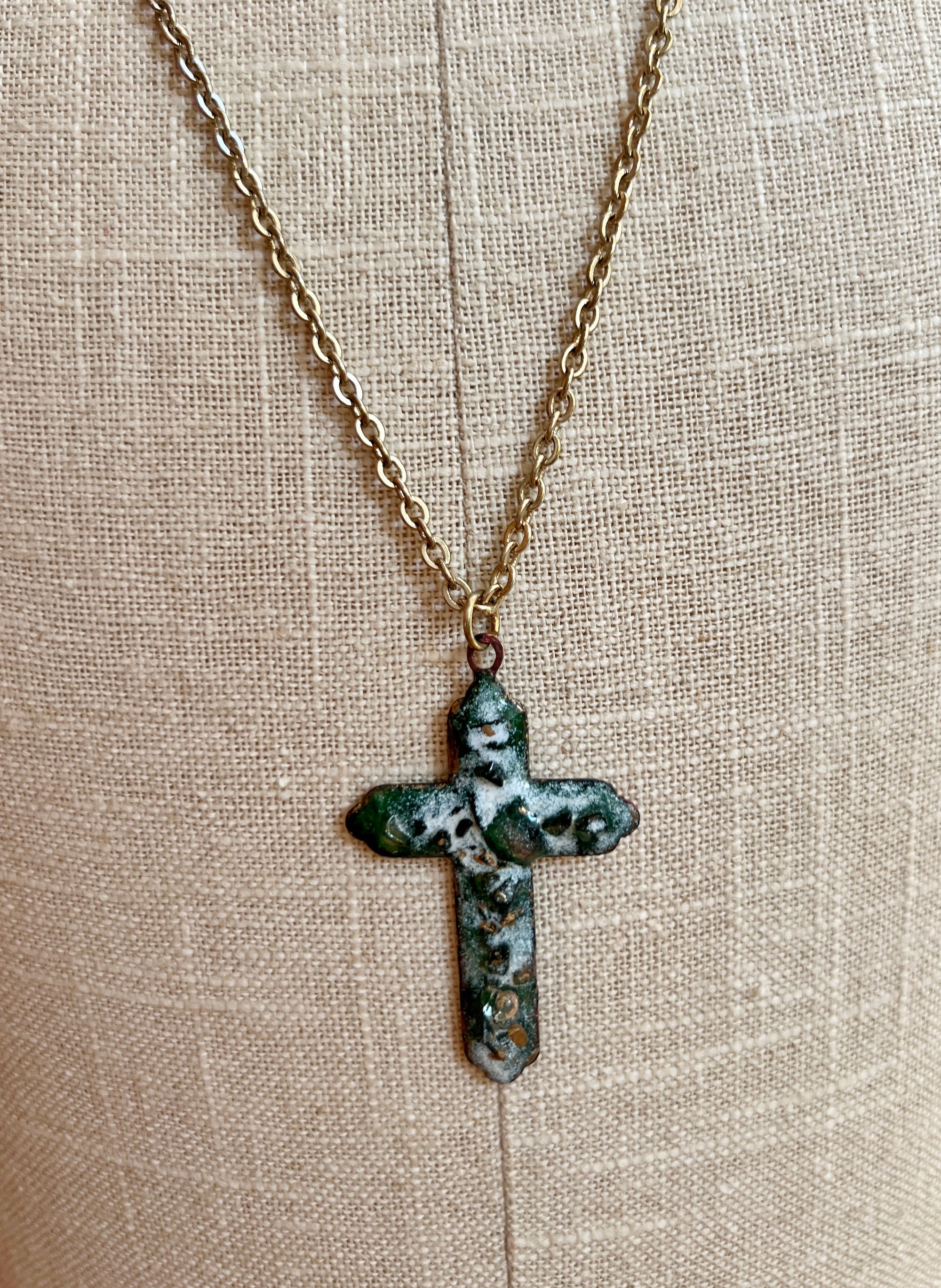 Vintage 1980s French Green Limoges Enamel Cross Necklace Artisan
