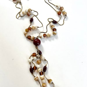 Vintage Czech Glass Bead Necklace: Caramel Tassel Pendant, Signed LBMDJ