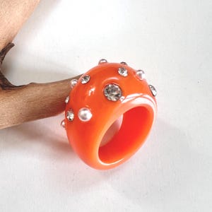 Vintage bright orange plastic cocktail ring with crystals and pearls from France / Dome Ring, Statement Rings,Gift For her