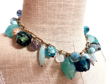 Vintage Blue Murano Glass Necklace - Italian Silver Foil Art Glass