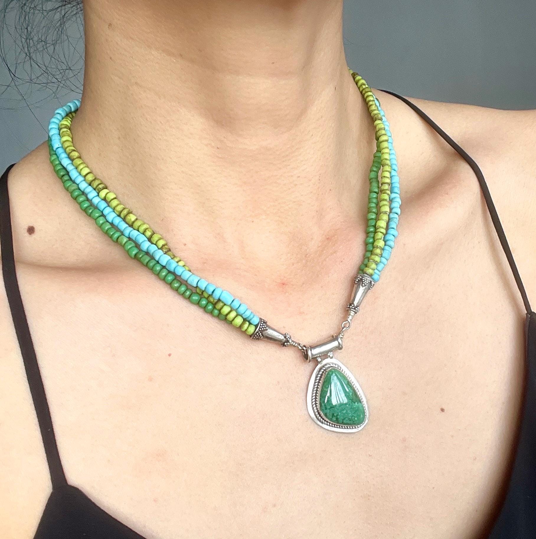 ヴィンテージの本物のグリーンナバホターコイズペンダント925シルバー