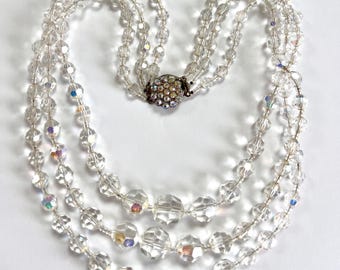 Vintage sparkle Aurora Borealis crystal multi-strand Necklace with faceted AB rhinestone glass beads 1950s