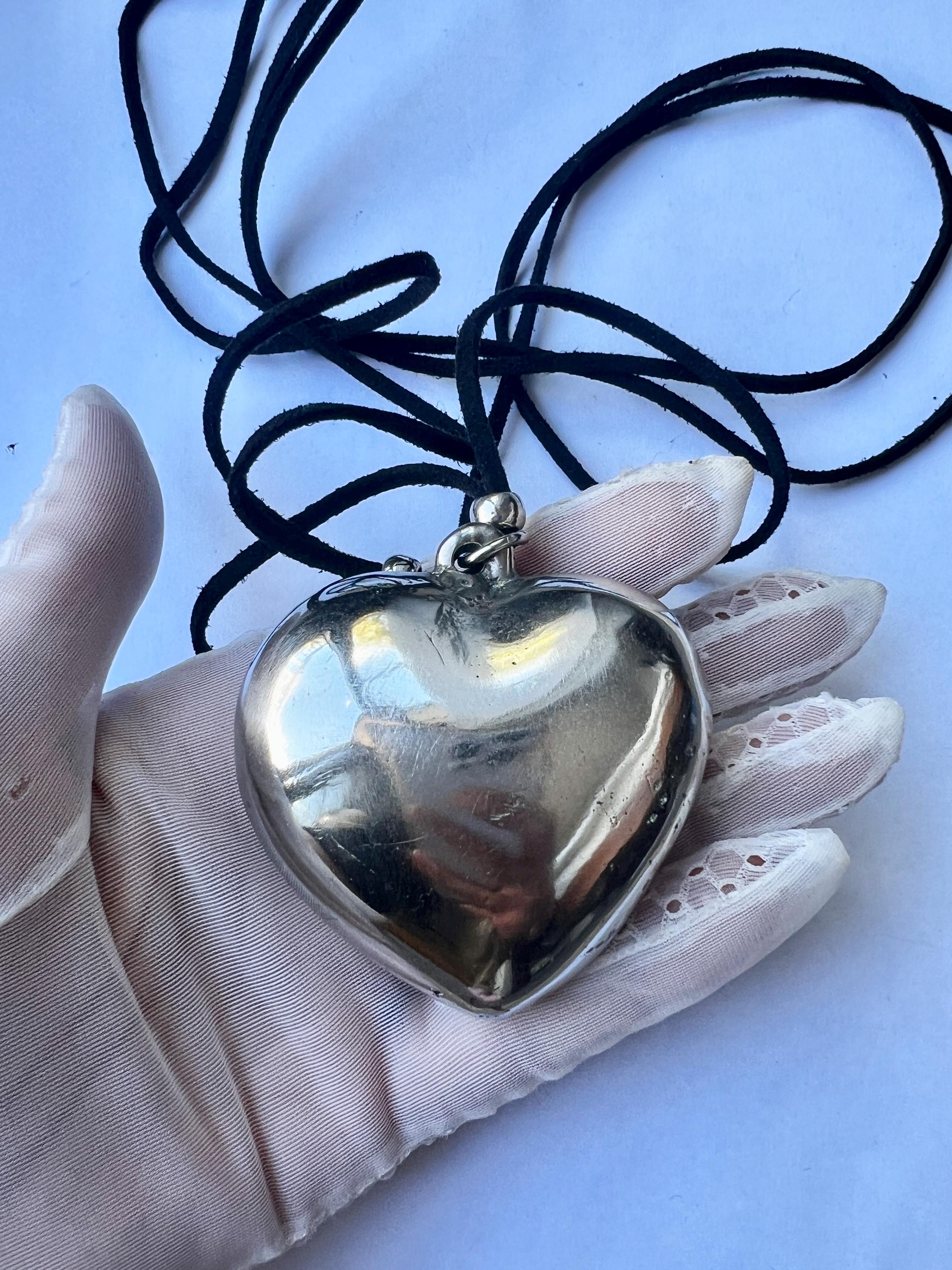 Vintage Large Silver Puffy Heart Hollow Pendant Necklace, With
