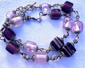 Vintage Venetian Murano Glass Beads Necklace, Pink and Purple