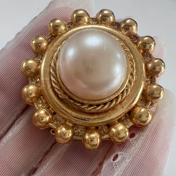 Vintage Jacky de G gold and white pearl round  brooch from  famous French brand , designer jewel, gift for woman. Signed