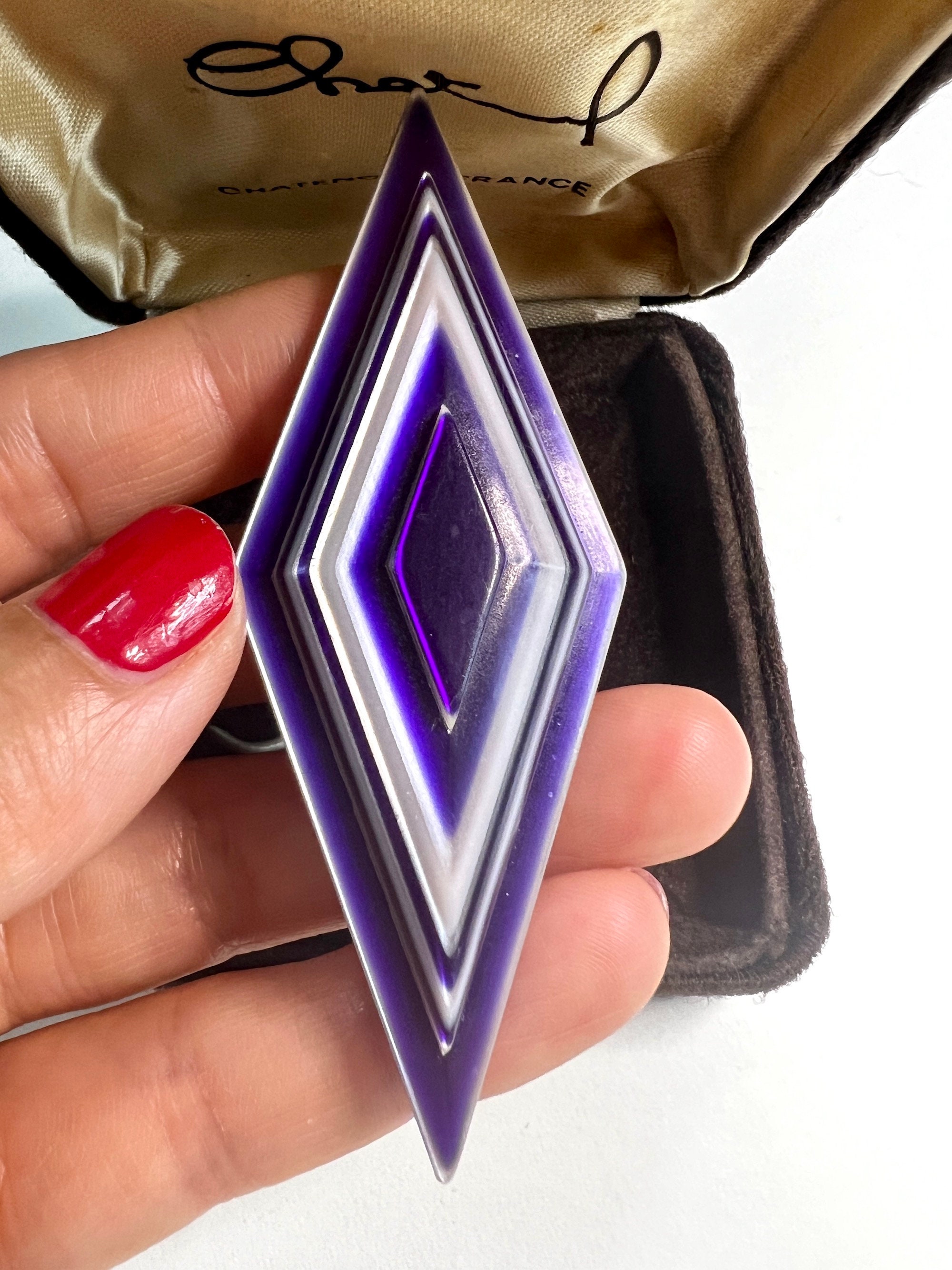 Broche Vintage Signée Léa Stein - Design Hexagonal Géométrique Violet - France - Occasion