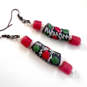 Vintage African Trade Bead Pierced Earrings with black red green antique African eye trade beads dangle and drop handmade jewellery 1970S