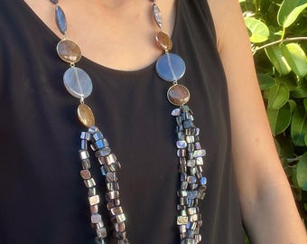 Vintage Tahitiaanse parelmoerketting: agaat met 3 strengen kralen