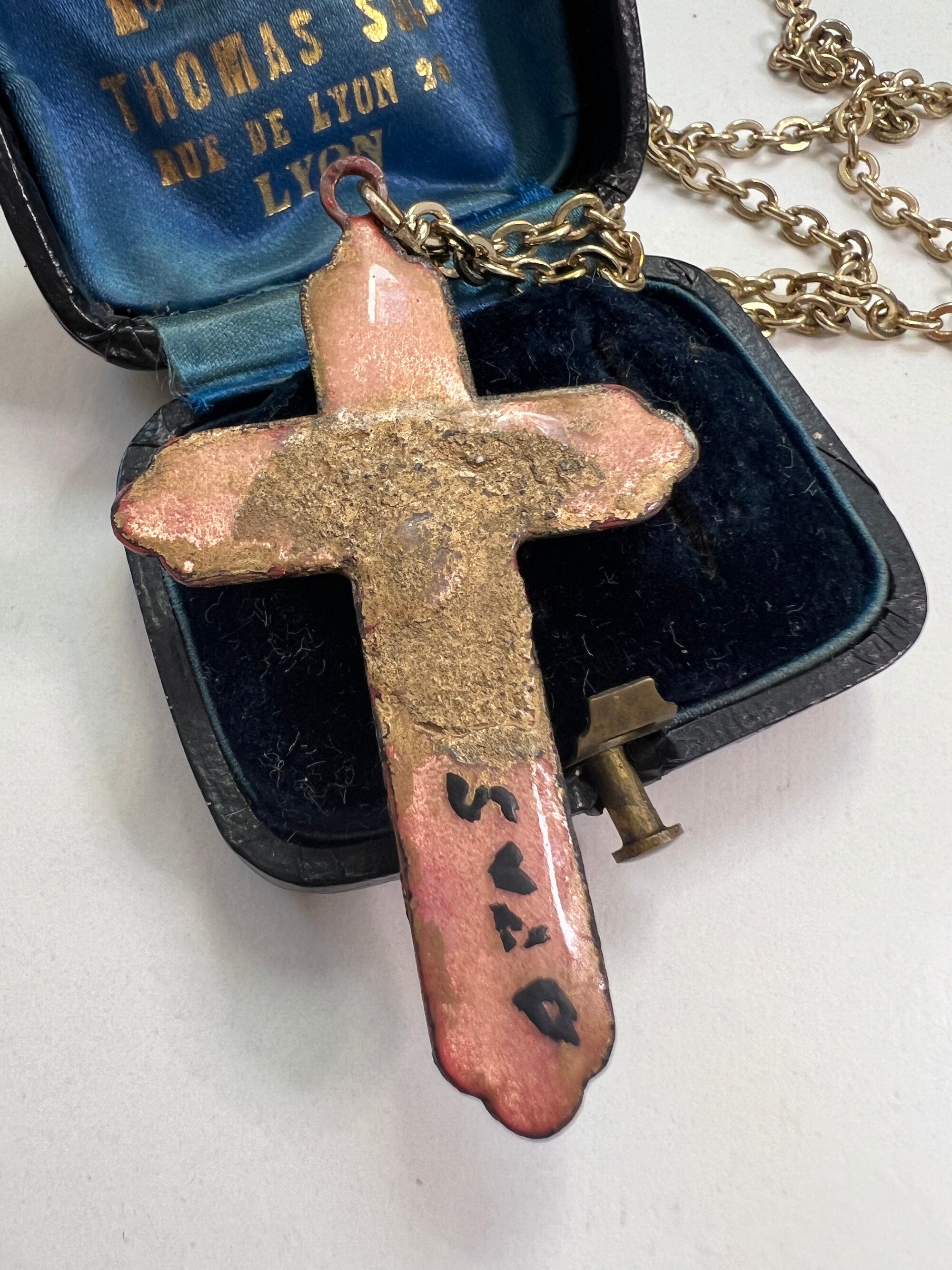 Vintage 1980s French Green Limoges Enamel Cross Necklace Artisan