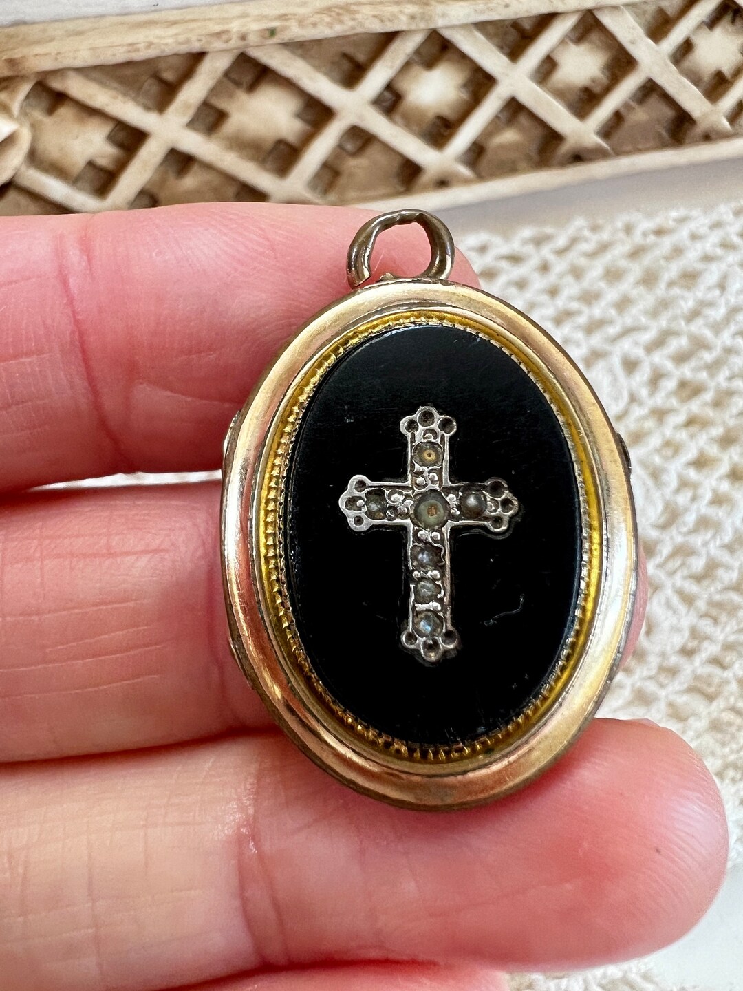 Antique Victorian Religious Medallion Pendant Obsidian Cross Etsy