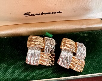 Vintage Large Square gold and silver earring clips on with 3D woven details French 1990s costume jewellery