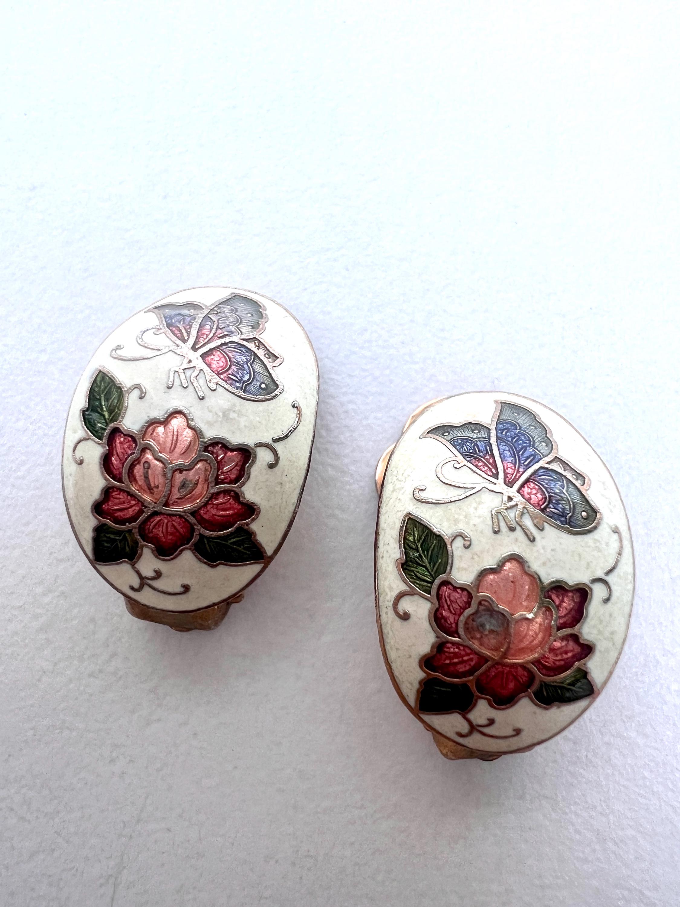 Boucles D'oreilles Vintage Clips En Or émaillé - Motif Papillons Et Fleurs, Occasion En Bon état
