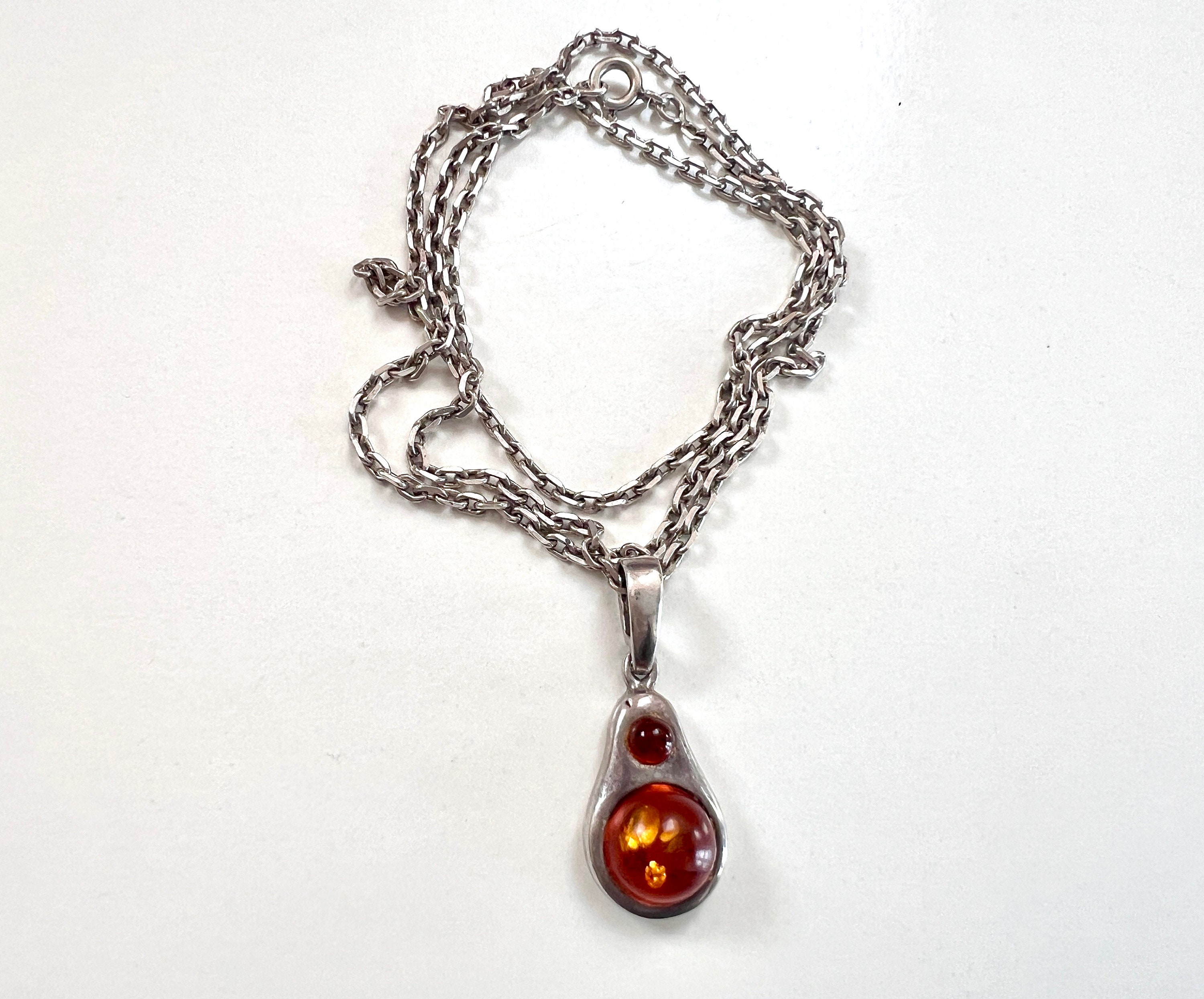 Pendentif Antique En Ambre Naturel Et Argent 925 Des Années 1940 - Collier 18 Pouces