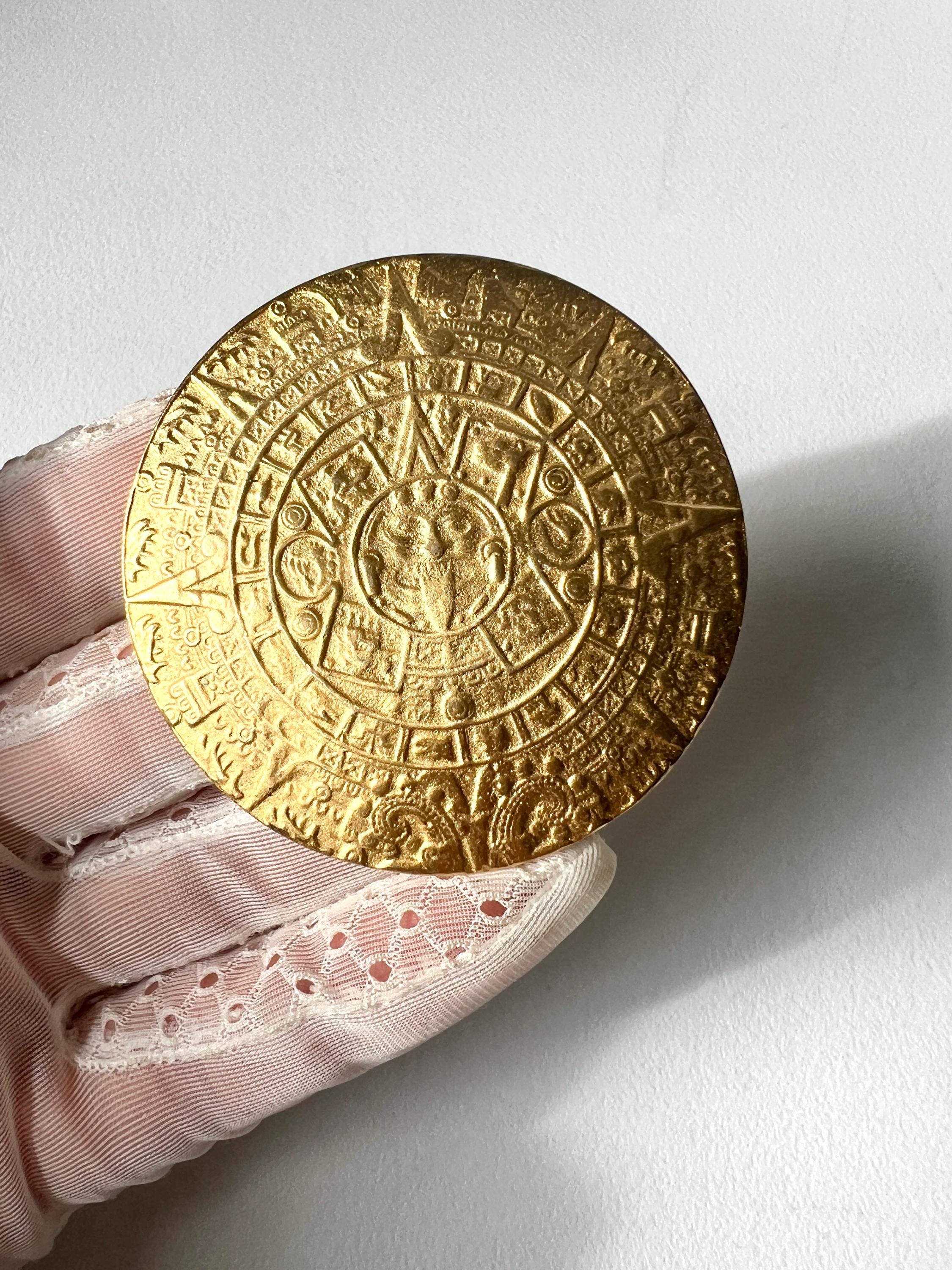 Vintage Aztec Calendar Brooch: Gold Plated Mayan Sun Dial Pin - Etsy