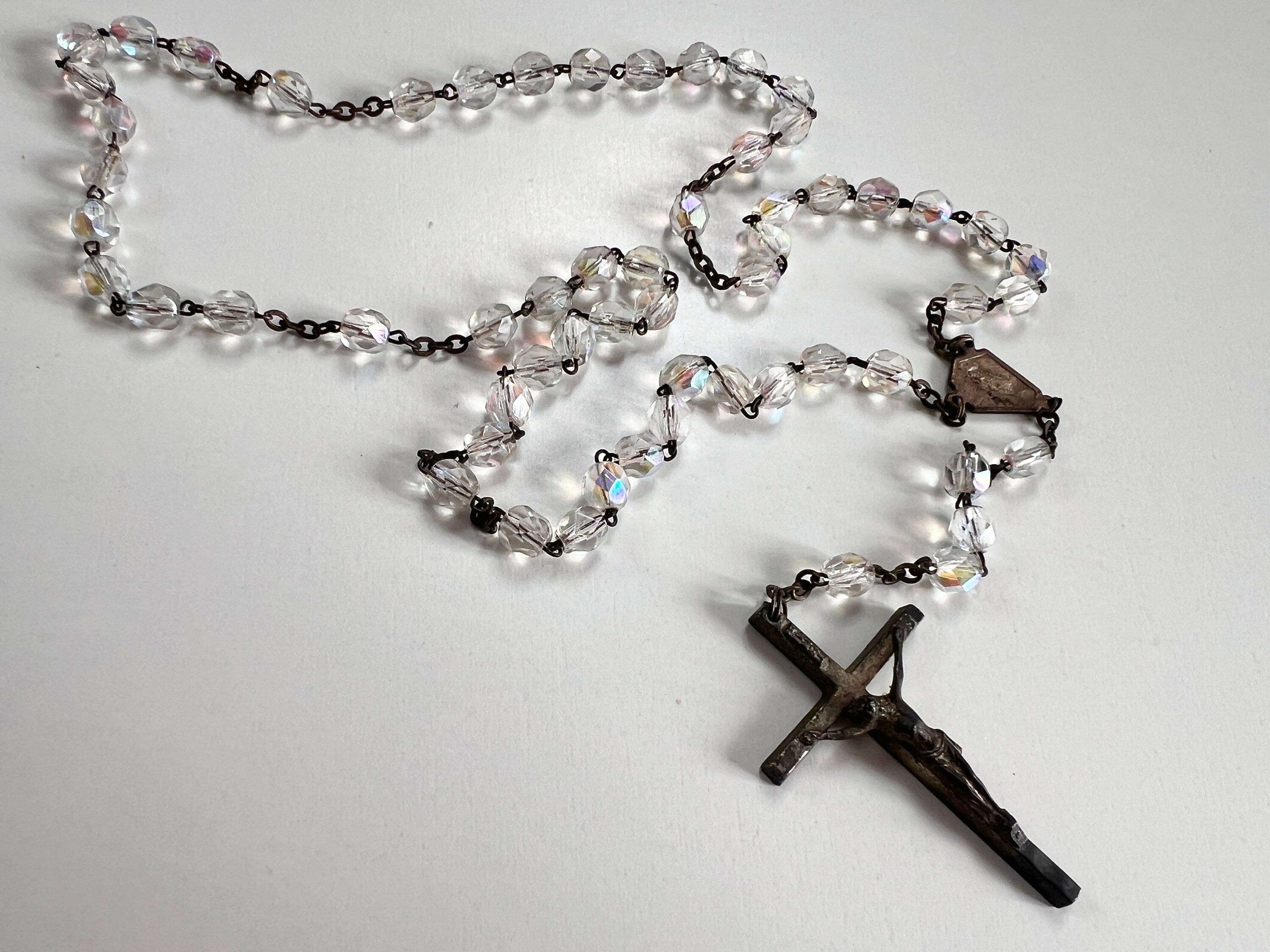 Vintage Italy AB Crystal Pray Rosary Beads with Silver metal Crucifix,  Religious Cross necklace Reserved for Holly 1920s
