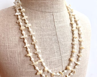 Vintage Mother of Pearl Long Necklace: 1970s Boho Jewelry