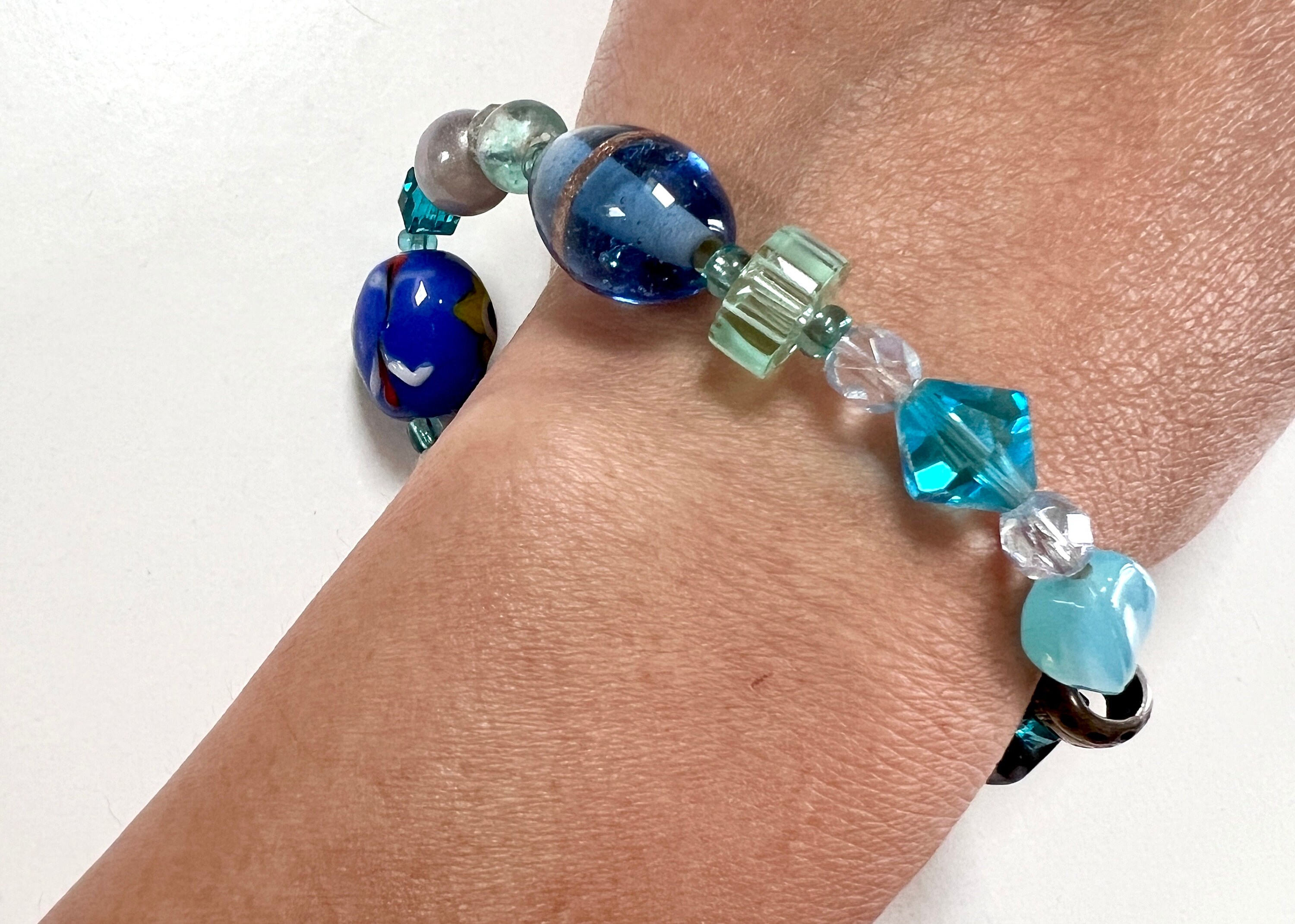 Bracelet Perle De Murano Bleu Scintillant - Plaqué Or, Longueur 21cm, Neuf Sans Emballage