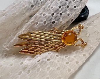 Vintage Yves Rocher Gold Tone Cicada Brooch with Yellow Cabochon