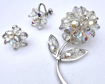 1950s Aurora Borealis Crystal Brooch and Earrings Set: Vintage Rhinestone Floral Jewelry set