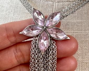 Vintage Pink Crystal Flower Pendant necklace 5 Petal  multi strands tassel Silver Necklace Classic big crystal pendant Jewelry for date