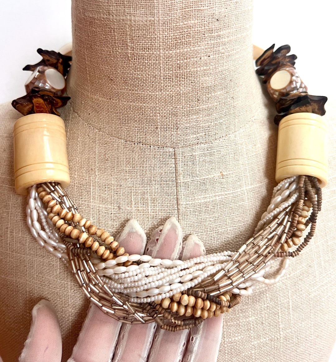Vintage Multi Strand Bone Necklace: Mother of Pearl  display picture 2
