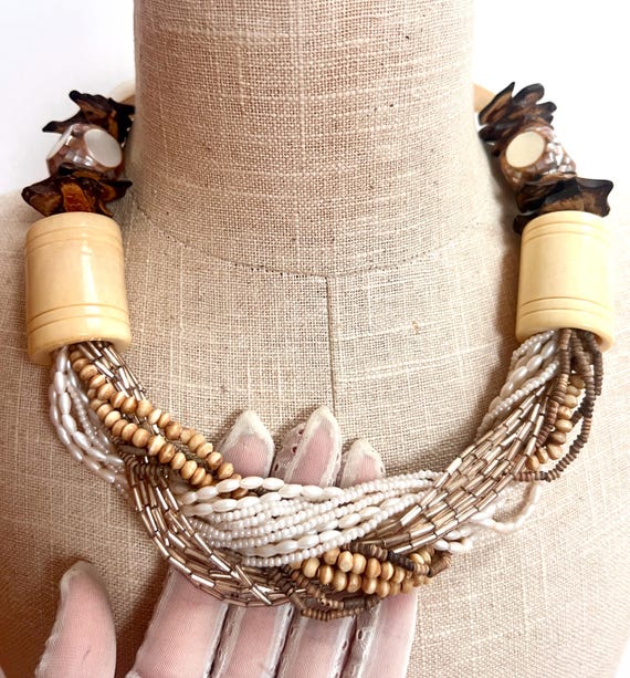 Vintage Multi Strand Bone Necklace: Mother of Pearl & Coconut