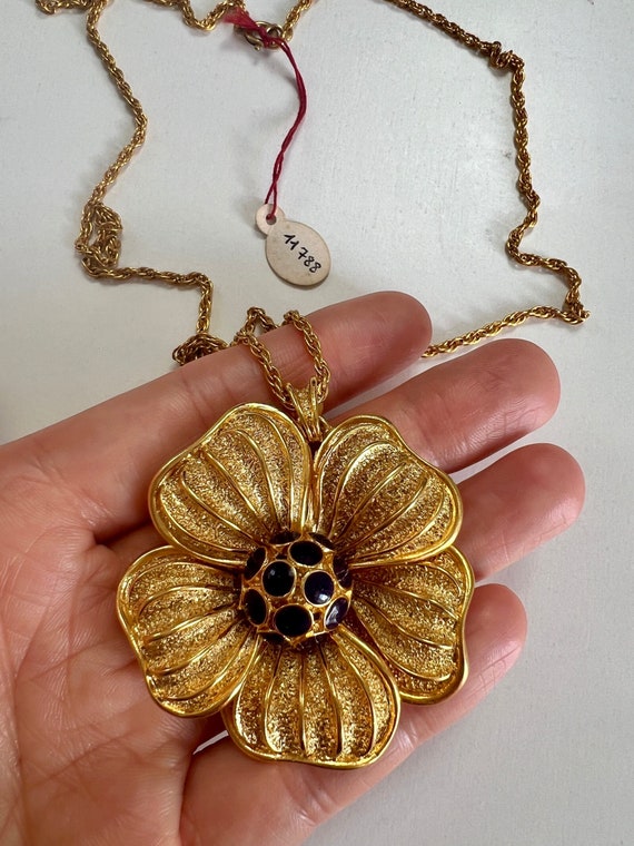 Vintage Orena Paris Big Gold Enamel Necklace  flo… - image 1