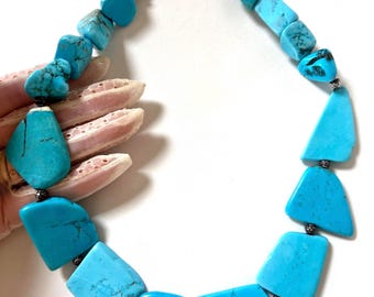 Vintage Turquoise Bead Necklace, Chunky Gemstone Statement Jewelry