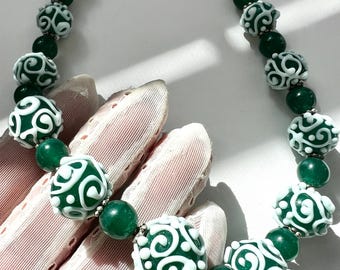 Unique Vintage green jade glass with wedding cake beaded Necklace