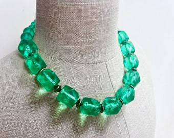 Vintage Chunky Green Lucite Necklace Statement French Fashion Jewellery Gift for her 1980s