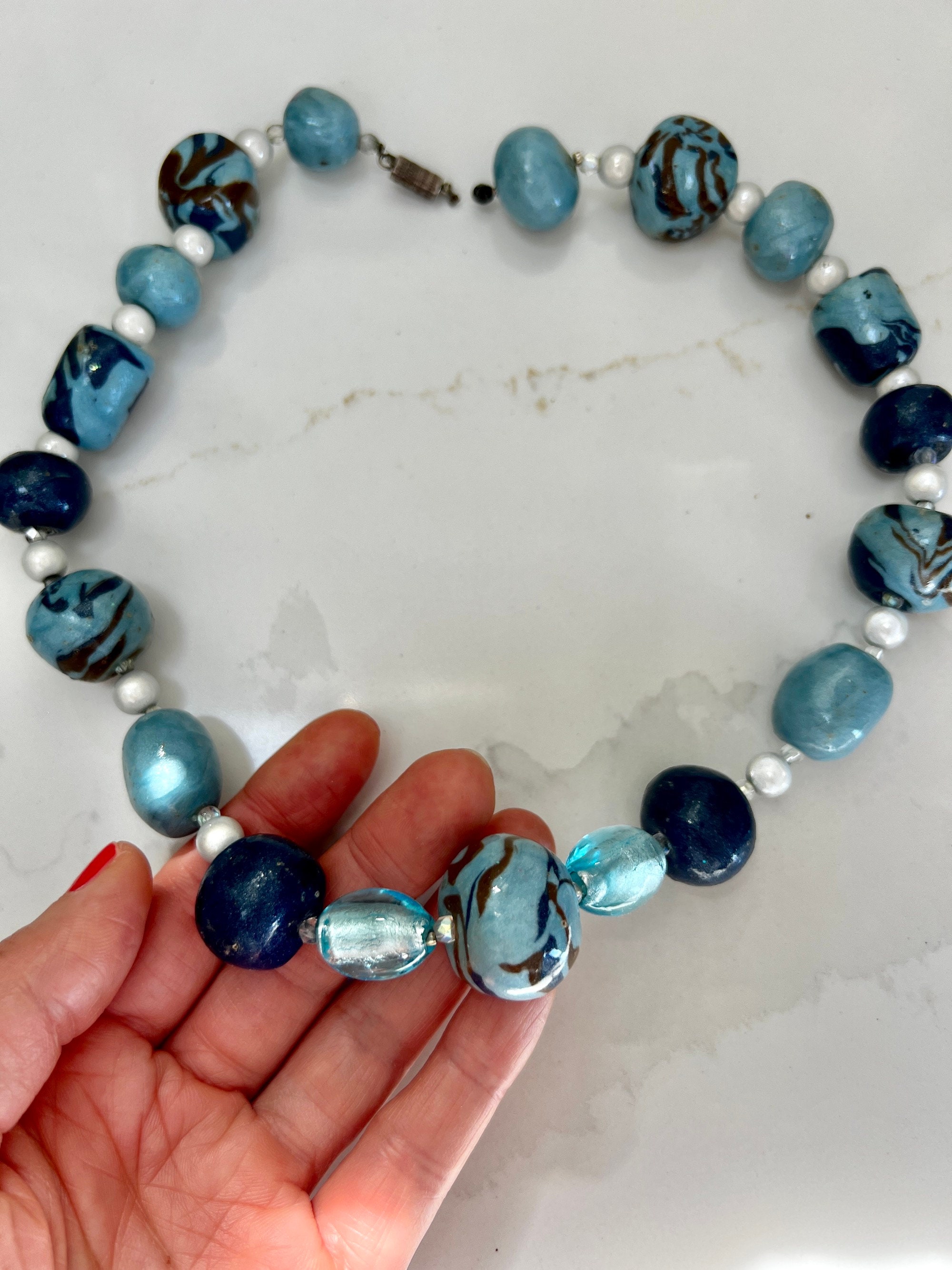 Collier Perles De Verre Murano Bleuté Cuivré - Années 70 - Très Bon État Occasion