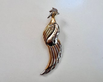 Vintage Big Peacock Brooch in Gold and silver two tone  and rhinestone details 1980s Costume Jewelry Unisex