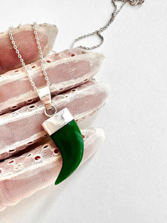 Vintage Green Jade Tooth Pendant 925 Silver Necklace , Handmade