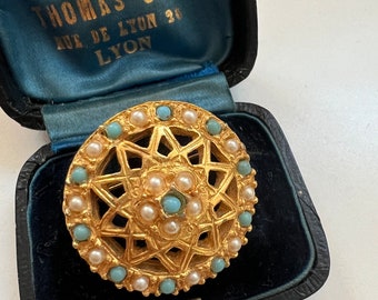 Broche Vintage Ancienne Avec Perles Turquoise Véritable - Bijou Fantaisie Ancien, état Superbe