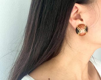 Boucles D'oreilles Clips Vintage Rétro - Couleur Or Et émail Jaune Pâle - Modèle *3744 - Occasion