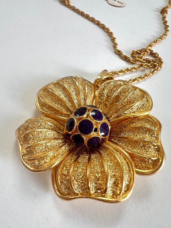 Vintage Orena Paris Big Gold Enamel Necklace  flo… - image 7