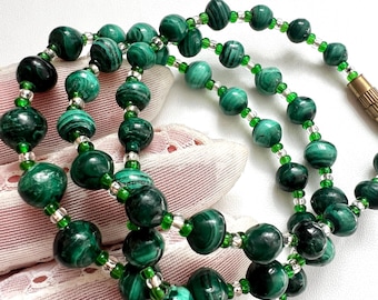Vintage Malachite Round Beaded Necklace: 1960s Green Gemstone