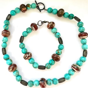 Vintage Chunky Turquoise agate beaded Necklace and bracelet jewellery set , Big Turquoise Beads, Turquoise Handmade Jewelry, Gift For Her