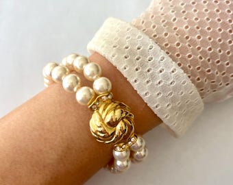 Vintage two rows faux Pearl Gold  Bracelet , marked,1980s